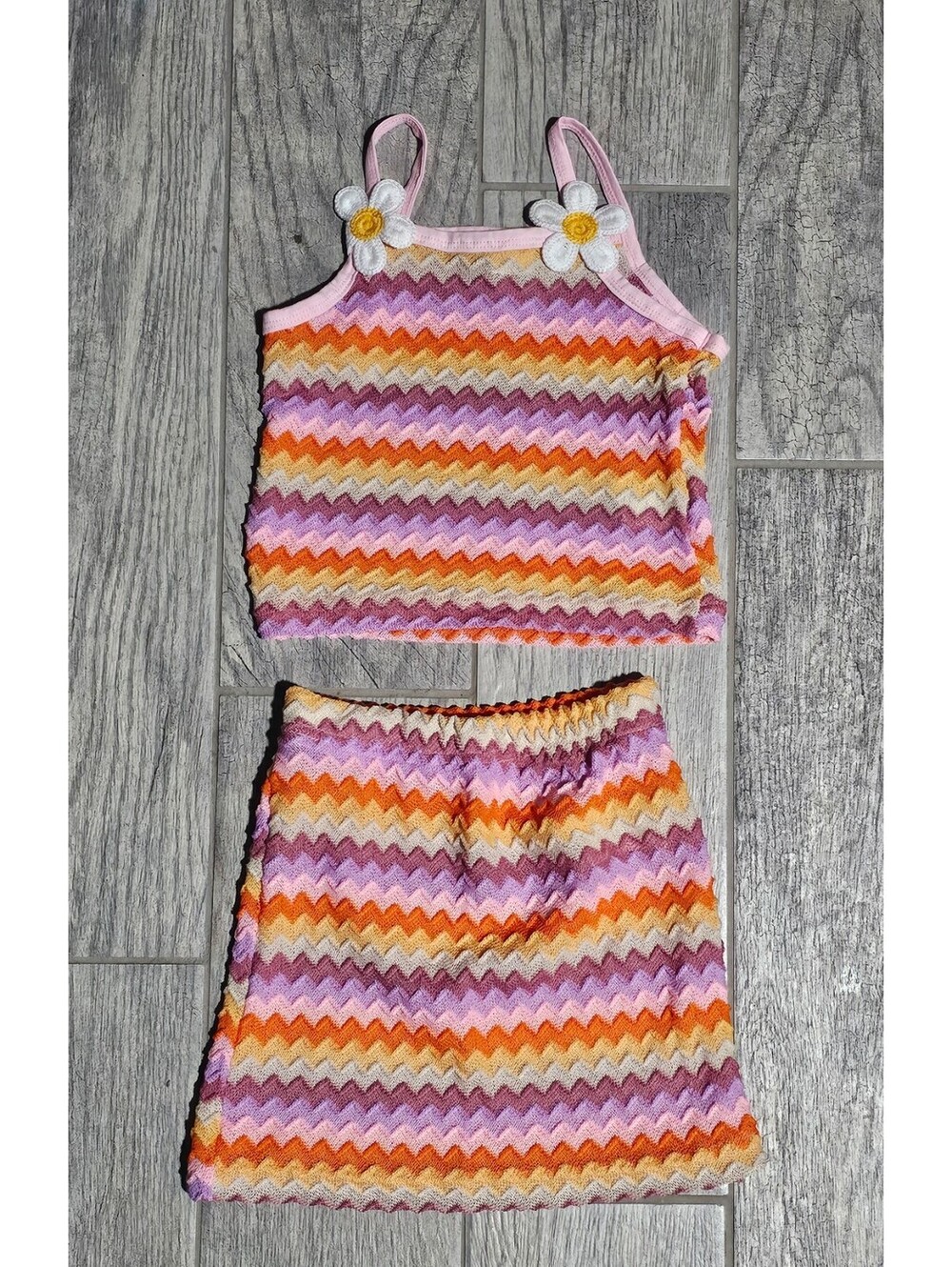 (2pc) New Girl's Shein Skirt & Tank Top Outfit Multicolor Zig Zag Size 6 Flowers